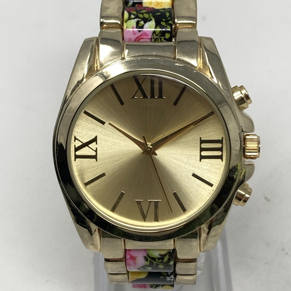 Icing Women's Watch Floral Band Black Pink 37mm Gold Tone New Battery 7.5"